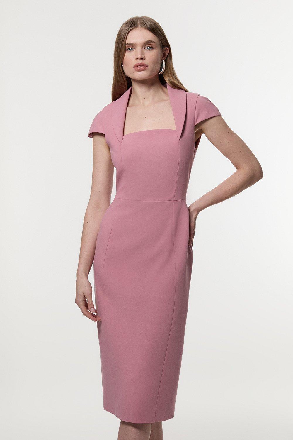 Compact Stretch Square Neck Tailored Pencil Midi Dress